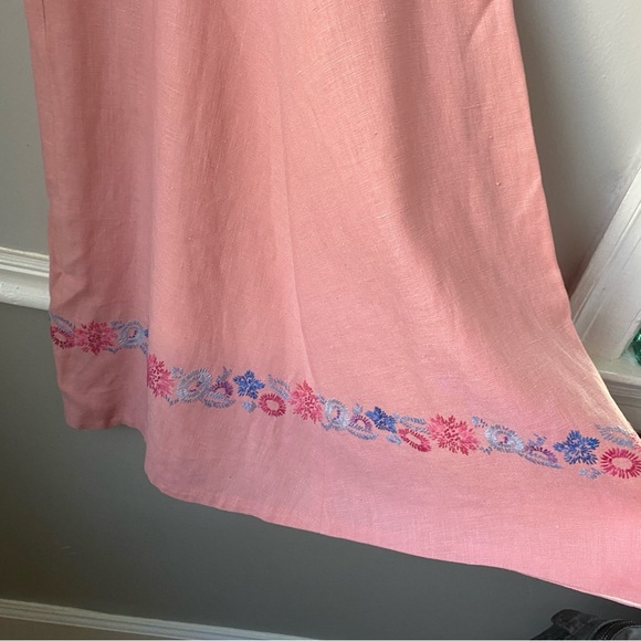 Vintage 50s pink linen short sleeve dress floral flower embroidery detail XS S - Picture 3 of 16